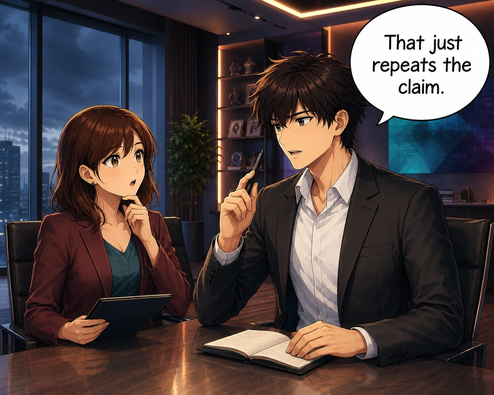 The man explains that her answer merely repeats the original claim.