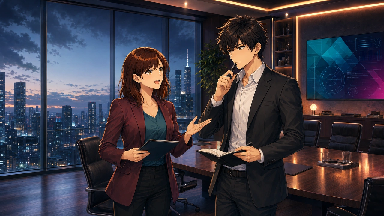Two coworkers in a modern evening boardroom discuss a proposal while one holds a tablet and the other a notebook.