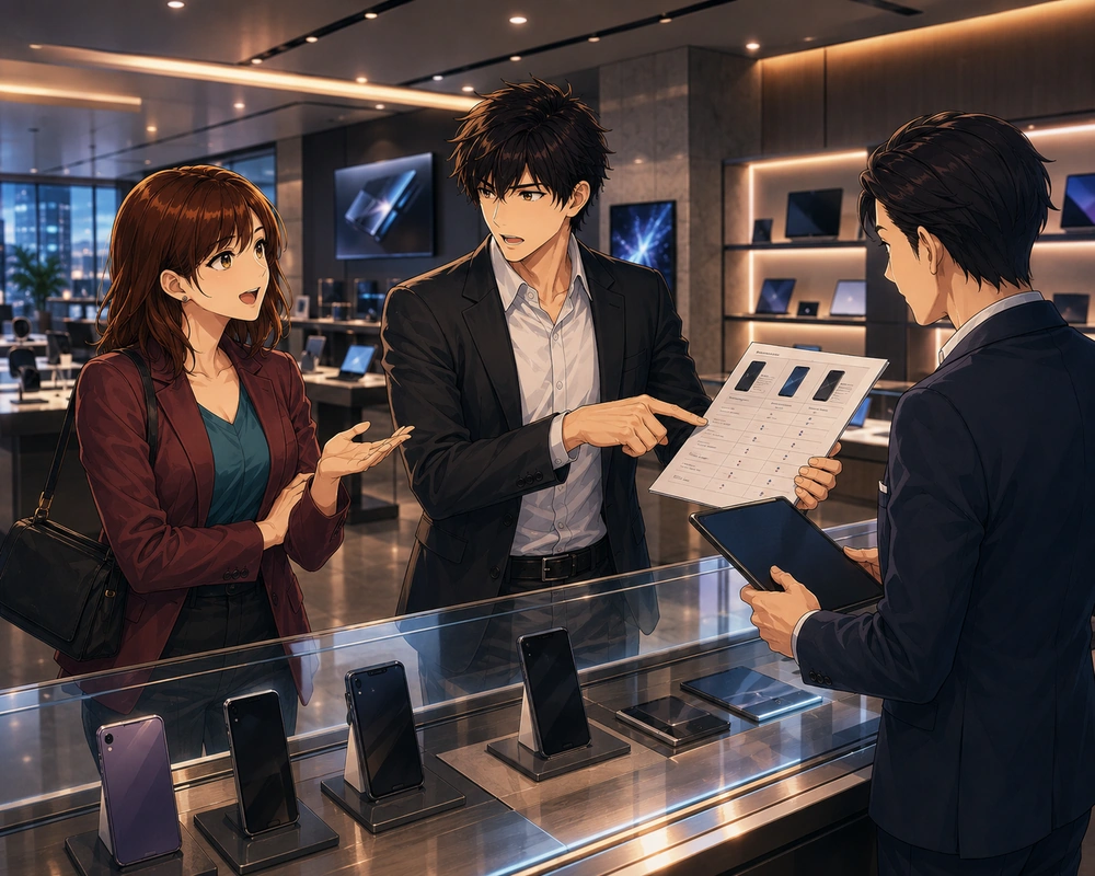 Two shoppers and a store employee compare devices and a product sheet in a modern electronics showroom.
