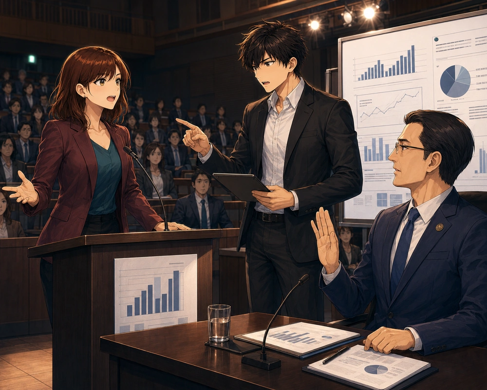 A woman at a podium, a man with a tablet, and a moderator sit before an audience in a formal public hearing.