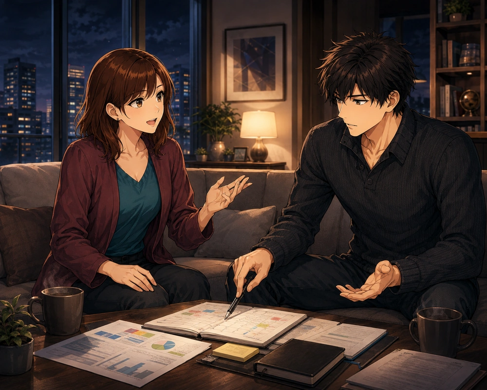 A couple talk over a planner and household papers in a living room at night.