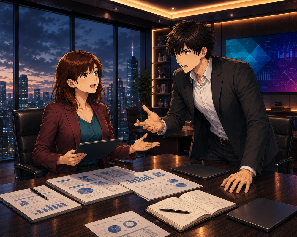 Two coworkers debate a proposal over charts and reports in an evening conference room.