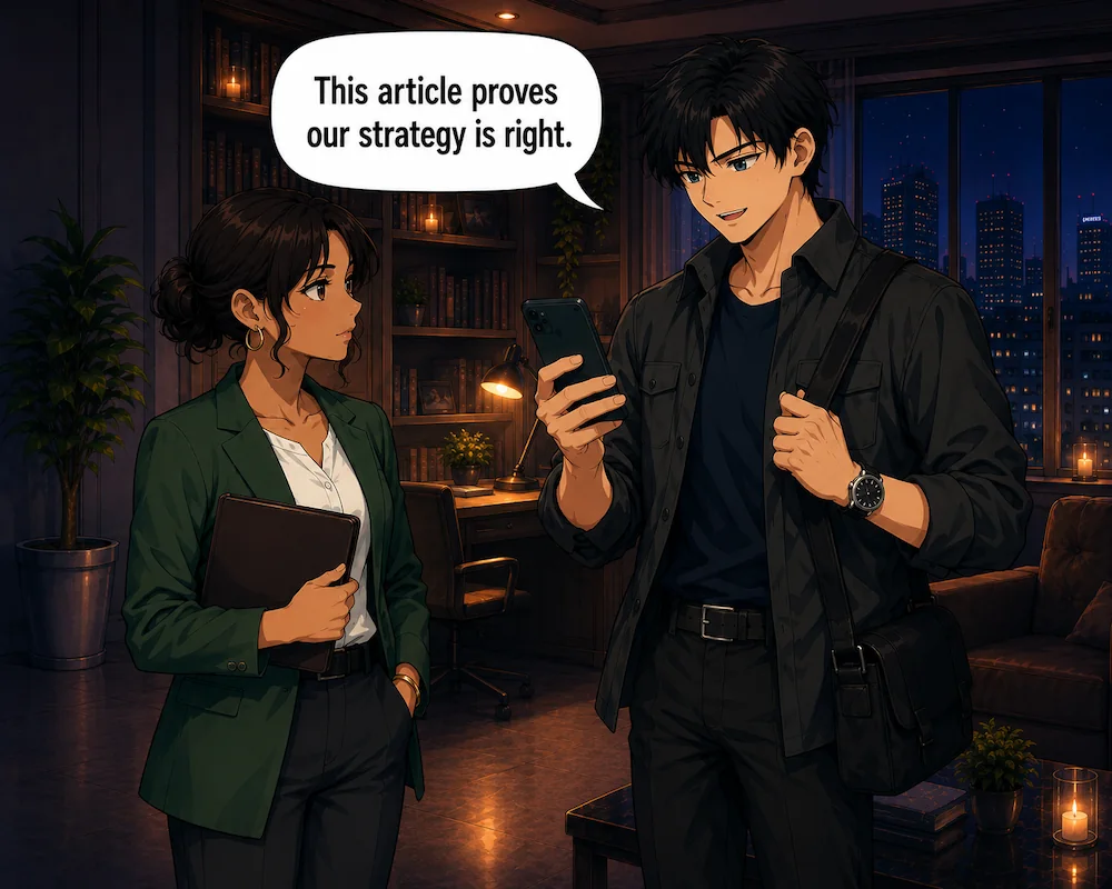 The man points to his phone and says, “This article proves our strategy is right.”