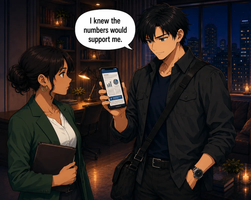Showing a chart on his phone, the man says, “I knew the numbers would support me.”