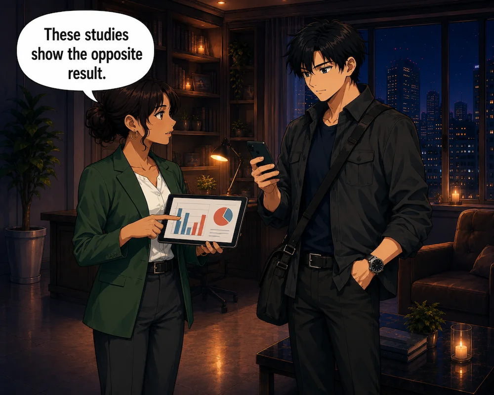 The woman presents contrary charts and says, “These studies show the opposite result.”