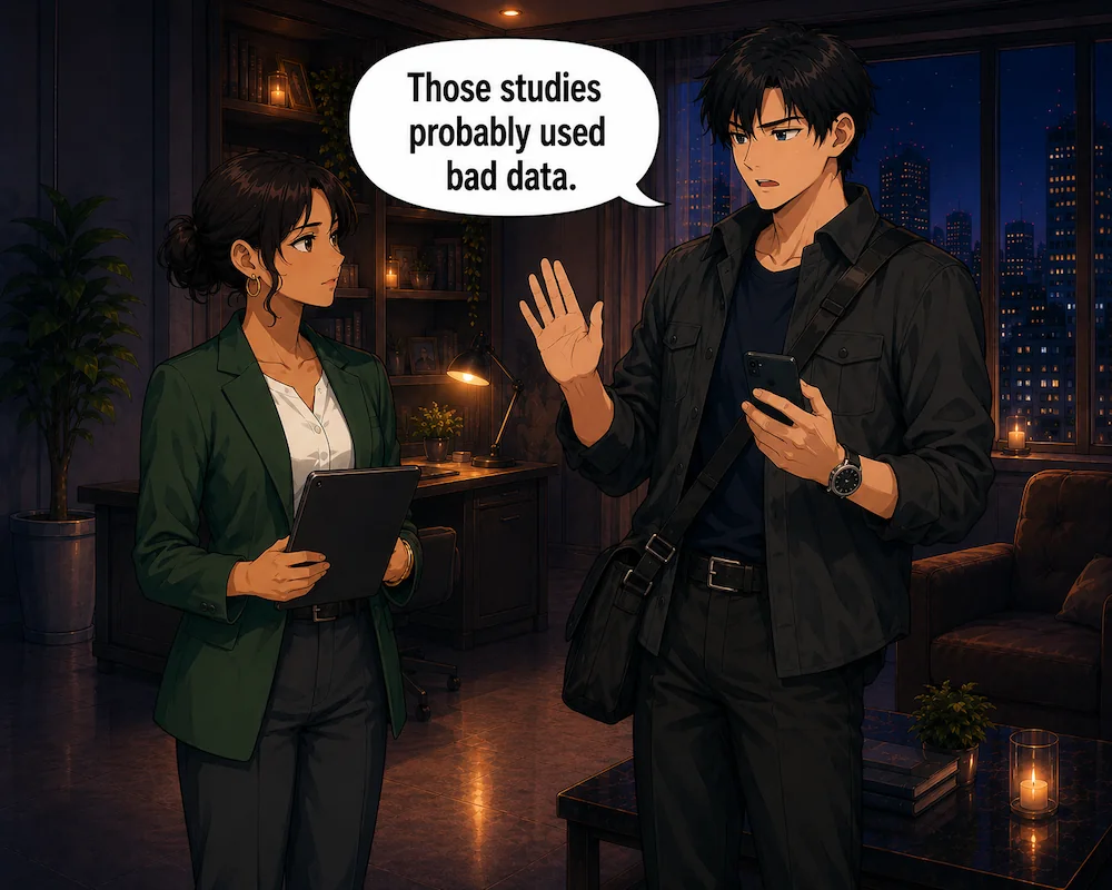 Raising a dismissive hand, the man says, “Those studies probably used bad data.”