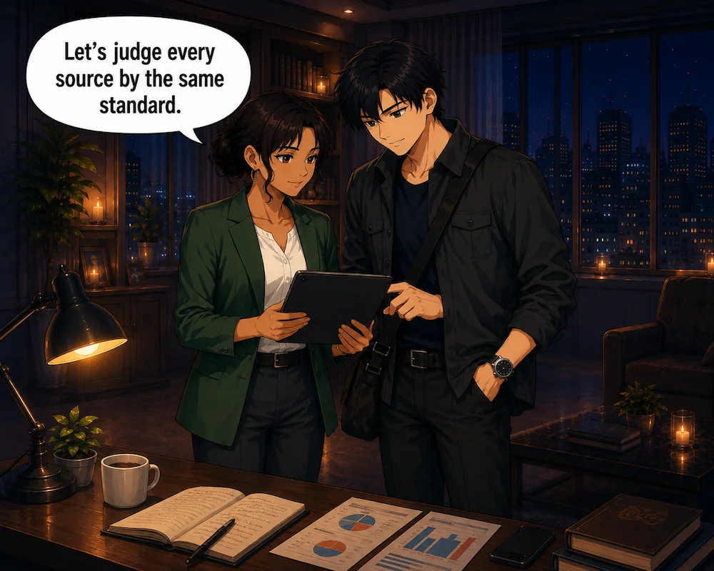 Reviewing evidence together, the woman says, “Let’s judge every source by the same standard.”
