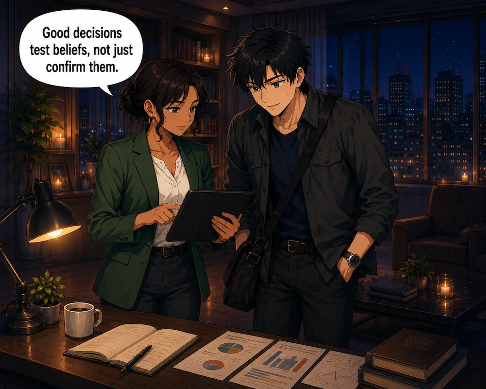 The pair compare several charts as the woman says, “Good decisions test beliefs, not just confirm them.”