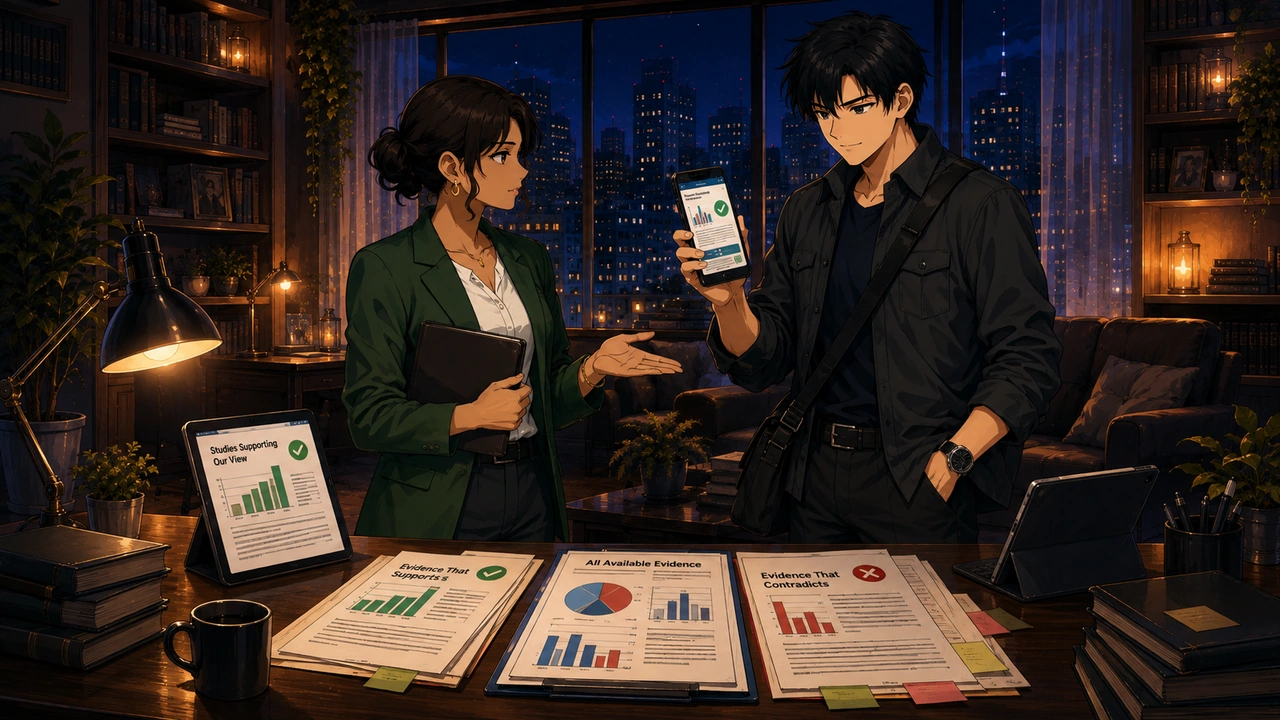 A young man holds up a phone with favorable evidence while a woman in a green blazer gestures toward fuller evidence spread across a desk in a warm night office.
