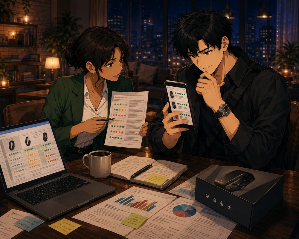 A man studies positive phone reviews for a fitness tracker while a woman shows a fuller comparison sheet and laptop ratings at a cozy night table.