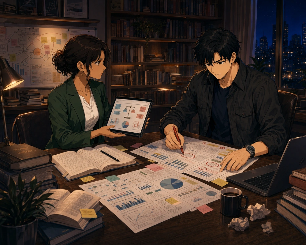 In a nighttime study lined with books, a woman shows a tablet with balanced evidence while a young man circles selected findings across a table full of research papers.