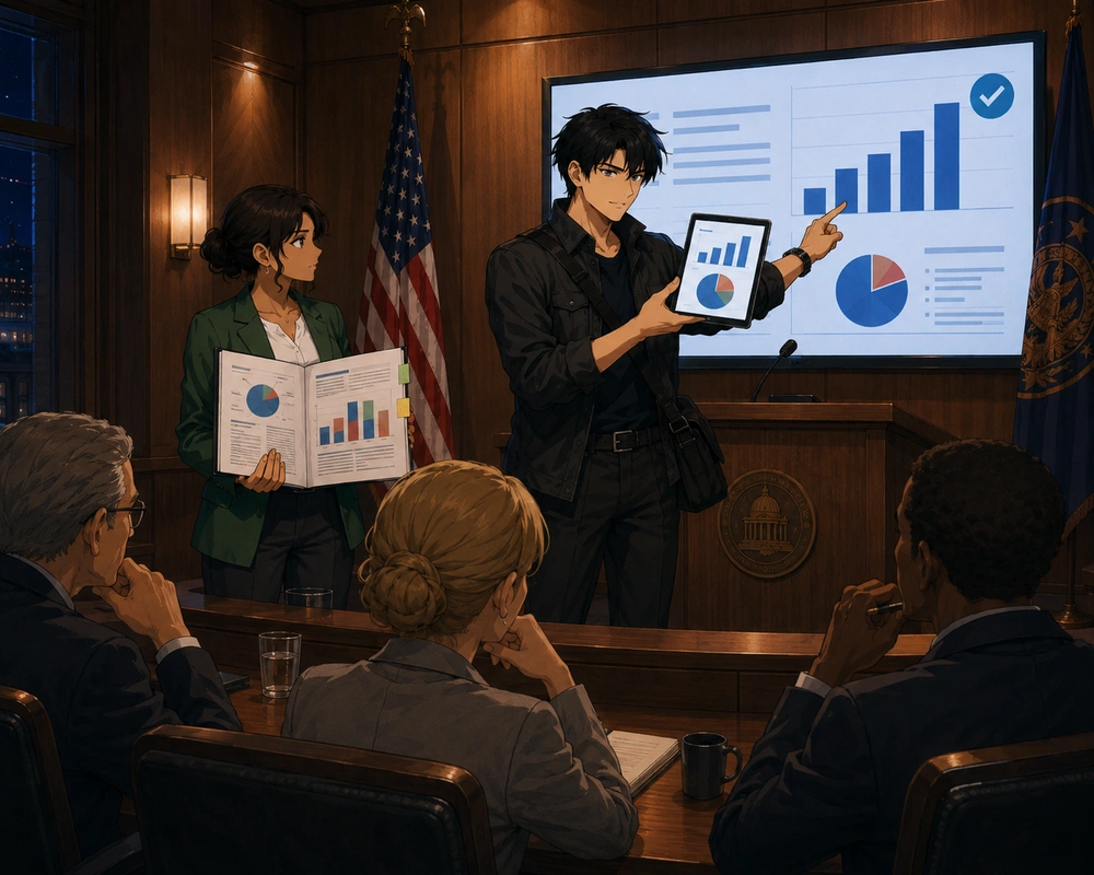 In a wood-paneled hearing room, a young man presents favorable charts while a woman holds a broader report and committee members watch.