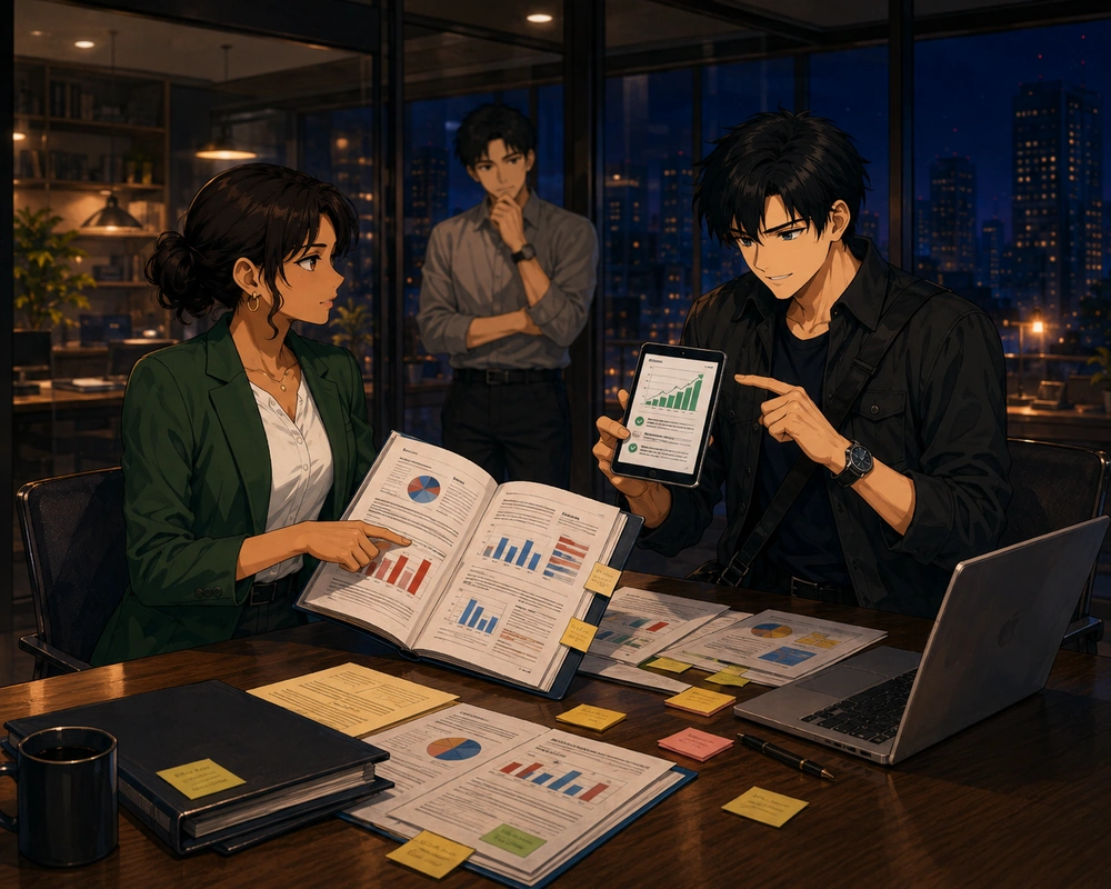 Two colleagues review reports in a night office conference room while a man points to a favorable chart on a tablet and a woman opens a broader evidence binder.
