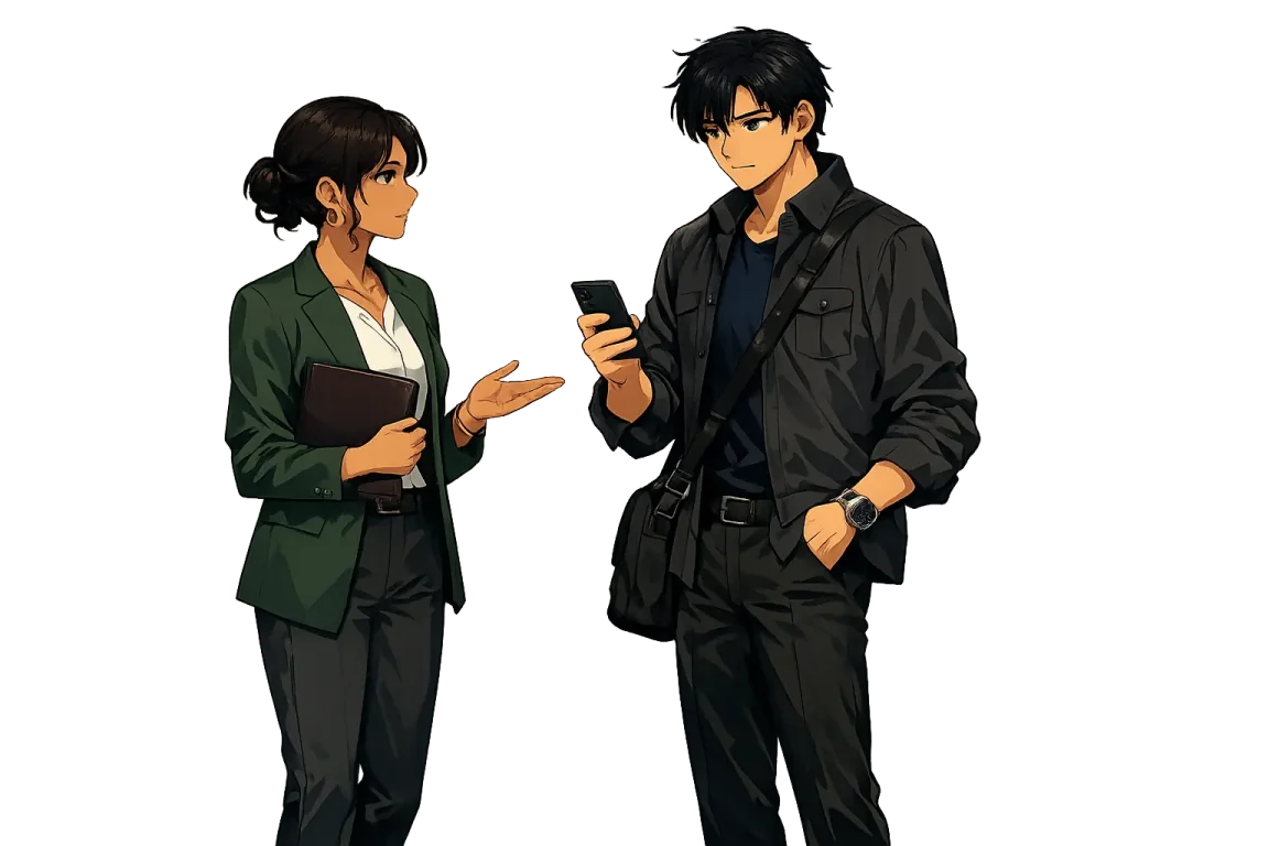 A woman holds a folder while a man reviews evidence on his phone