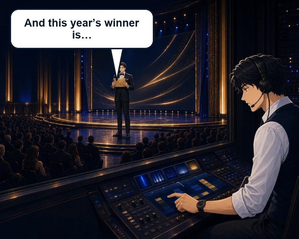 As the host holds the unopened envelope, he begins, “And this year’s winner is…” while the assistant waits at the cue console.