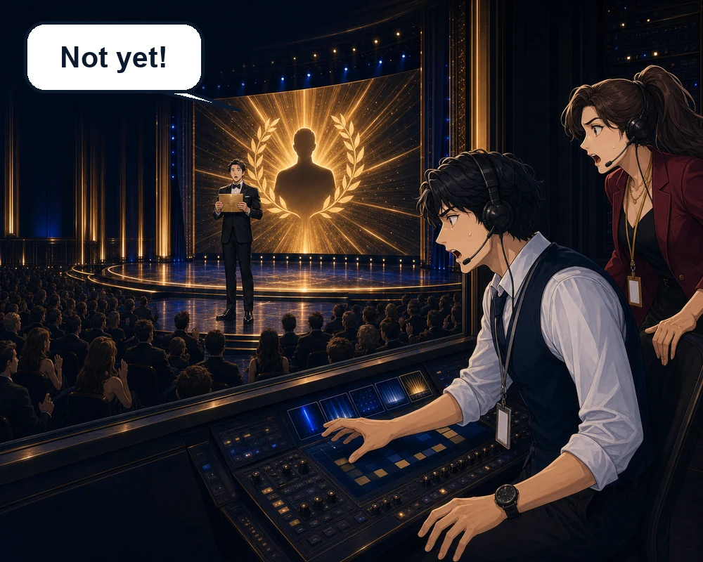 The winner graphic appears too early and the director calls, “Not yet!” as the host and assistant react in shock.