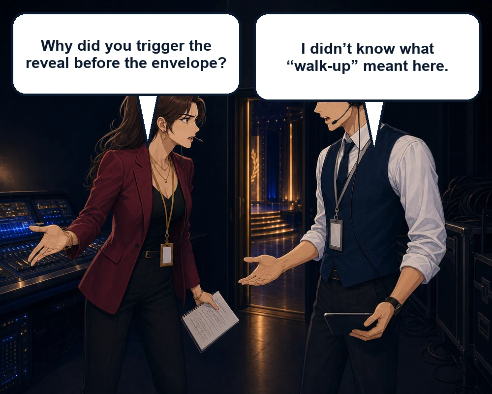 The director asks why the reveal was triggered before the envelope, and the assistant explains that he did not know what “walk-up” meant.