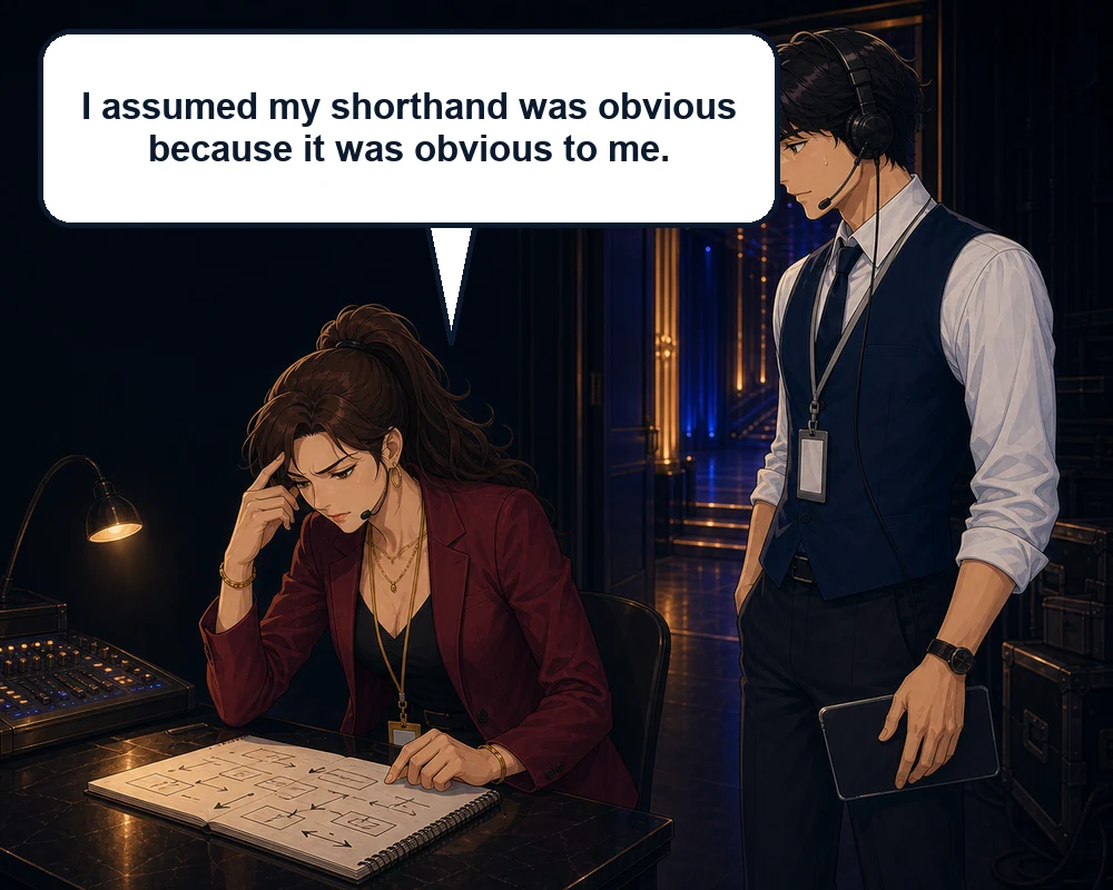 Reviewing her shorthand, the director realizes, “I assumed my shorthand was obvious because it was obvious to me.”