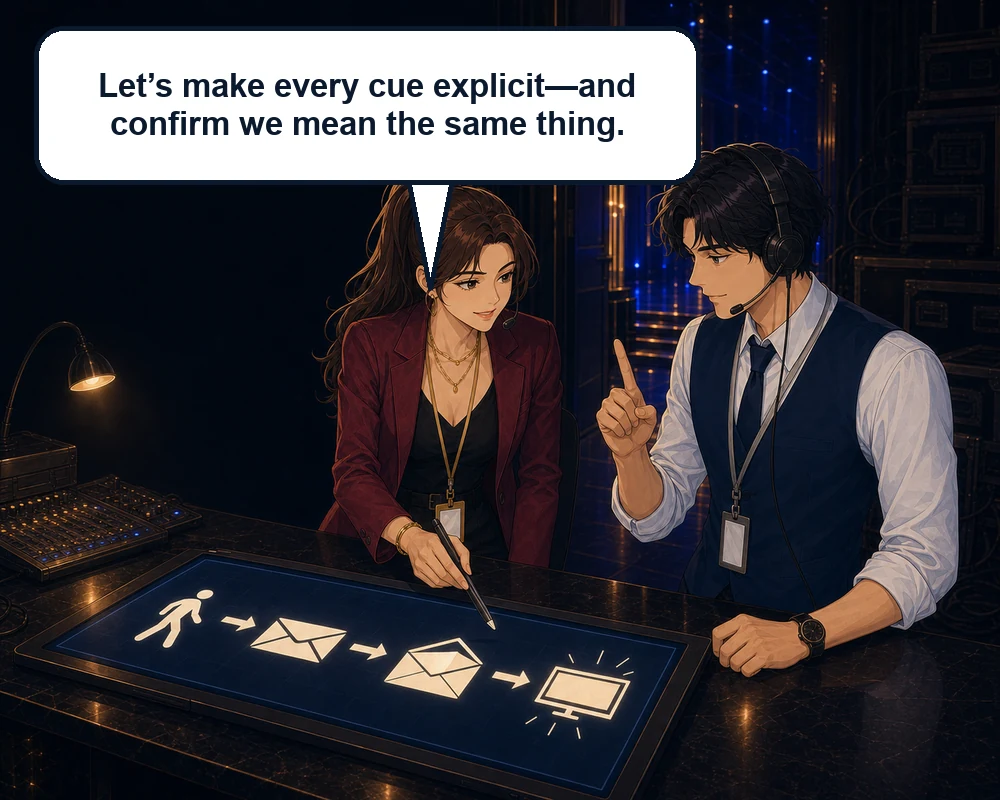 The pair replace shorthand with an explicit visual sequence and agree to confirm that they mean the same thing.