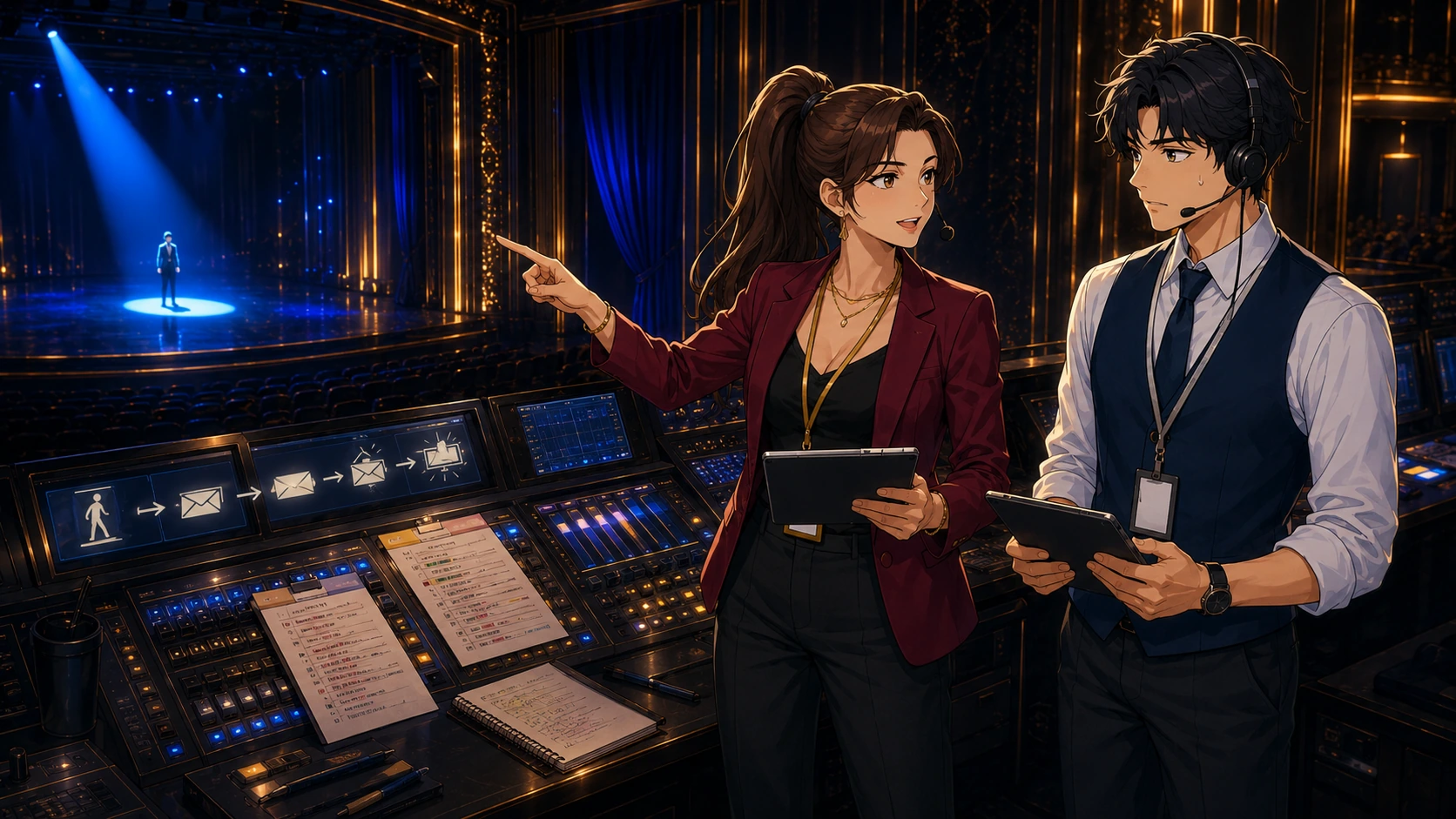 In a theater control booth, an experienced stage manager points toward the stage while a newer technician studies cue sheets and looks uncertain.