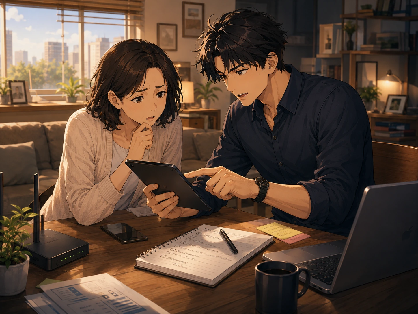 At a home table, a young man points at a tablet while an older woman looks thoughtful and confused beside a router, notebook, and laptop.