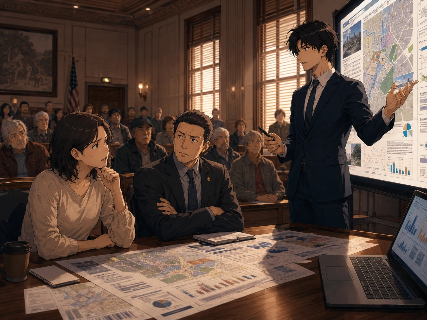 In a formal civic meeting room, a suited presenter explains a dense city-planning display while attendees look uncertain.