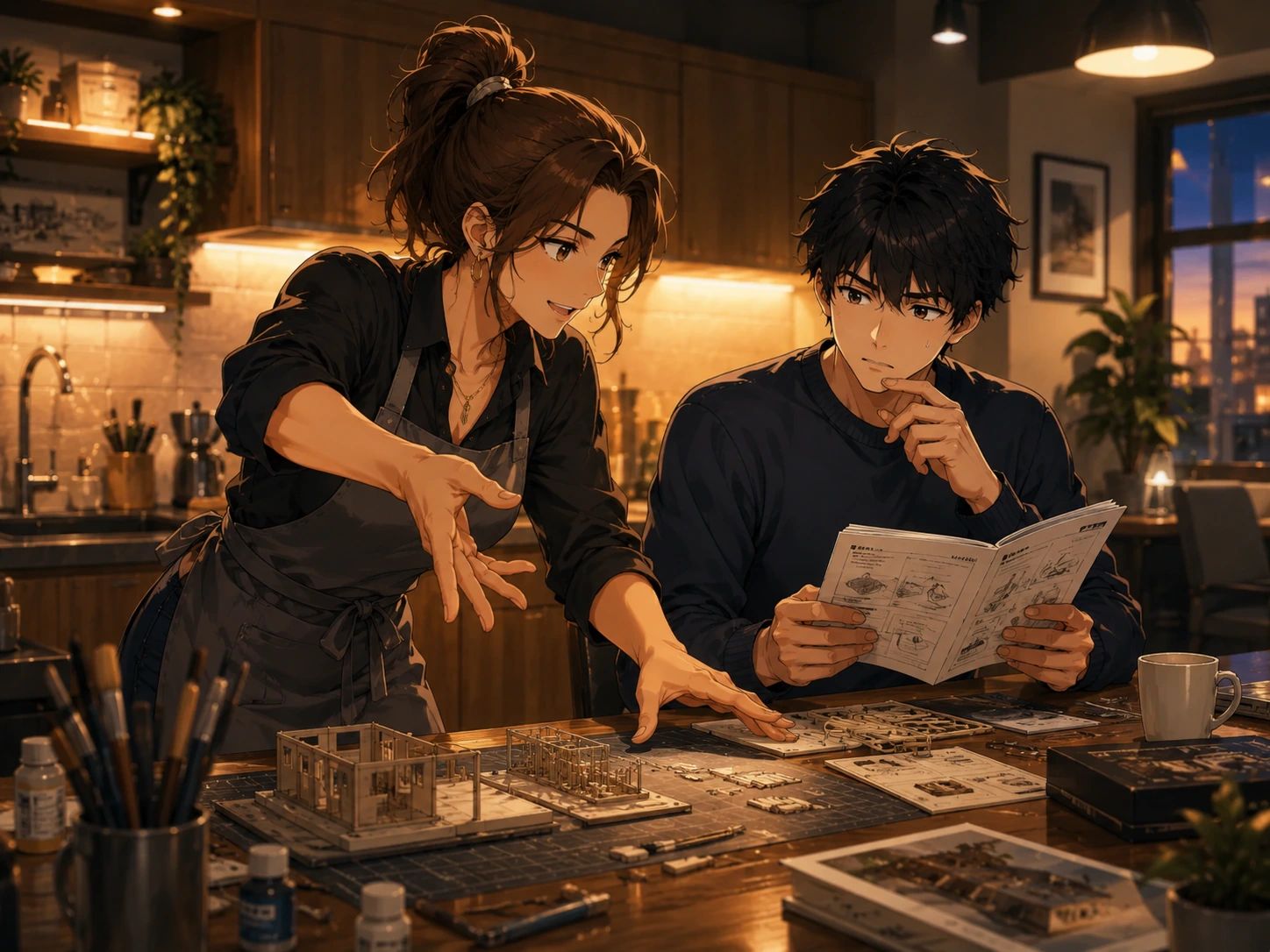 At a warmly lit home table, an experienced woman gestures over a partially assembled model while a puzzled young man studies the instruction booklet.