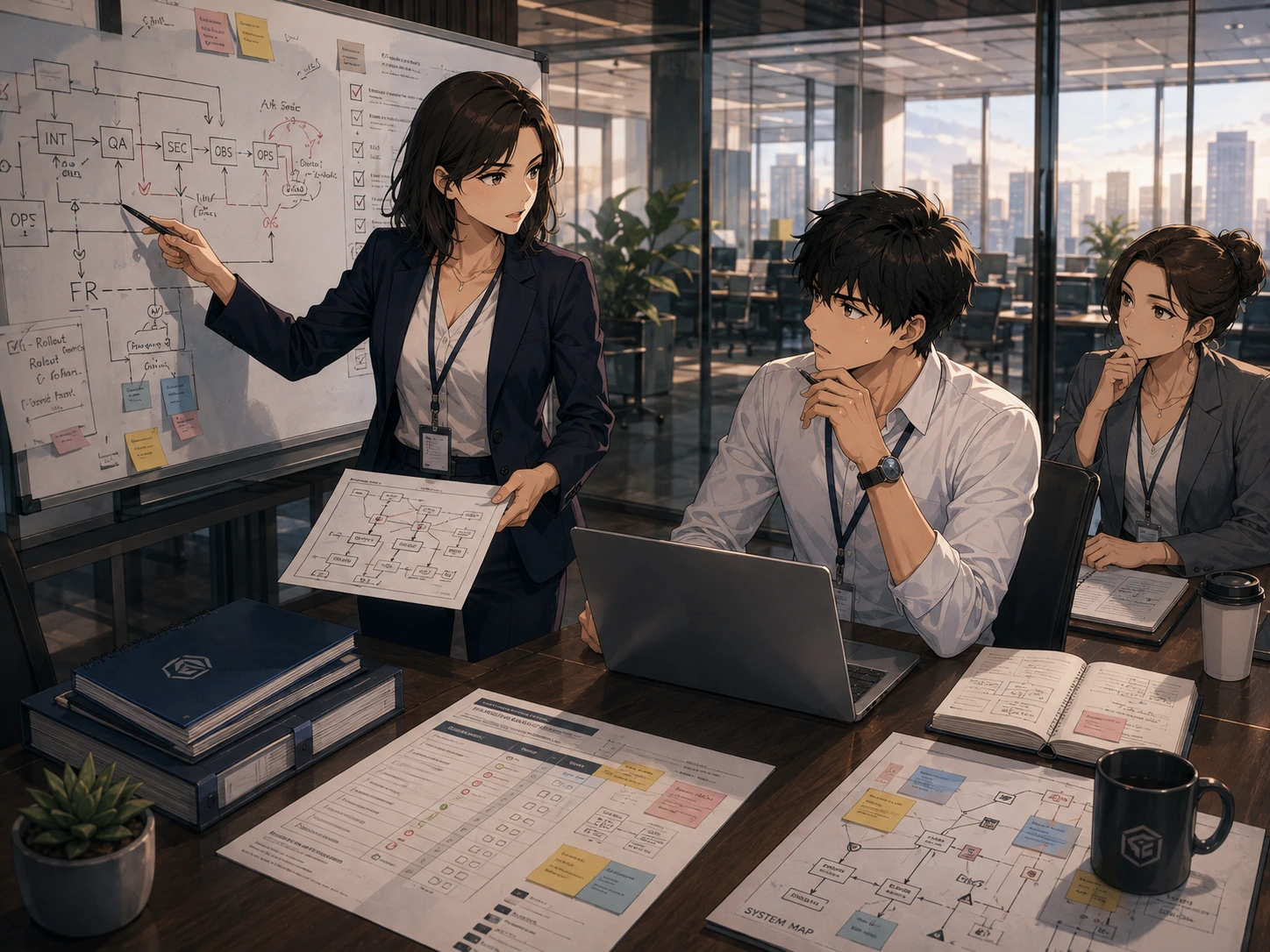 In a glass-walled office, a woman points to a complex workflow board while two colleagues study the diagrams with uncertain expressions.