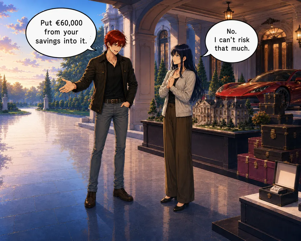 The man presents an extravagant investment request while the woman looks uneasy.