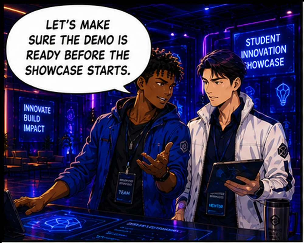 Before a student innovation showcase, a mentor says, “Let’s make sure the demo is ready before the showcase starts.”