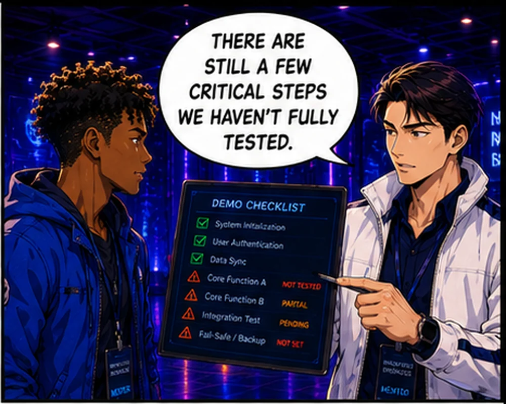 Pointing to an incomplete checklist, the mentor says, “There are still a few critical steps we haven’t fully tested.”