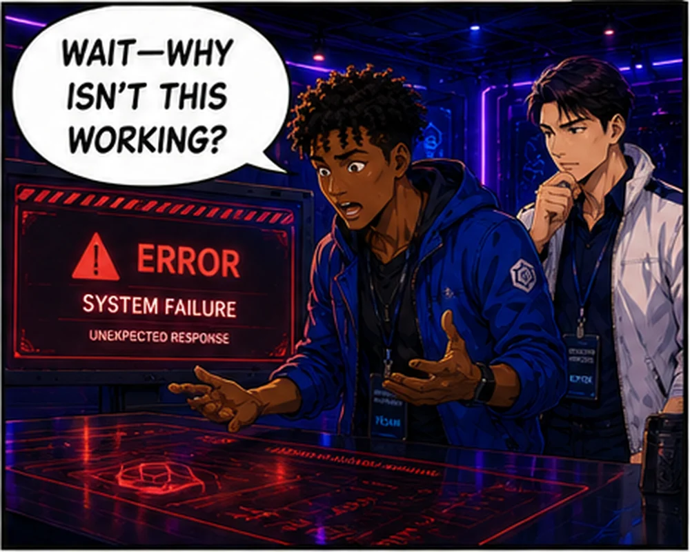 When the demo reports a system failure, the student asks, “Wait—why isn’t this working?”