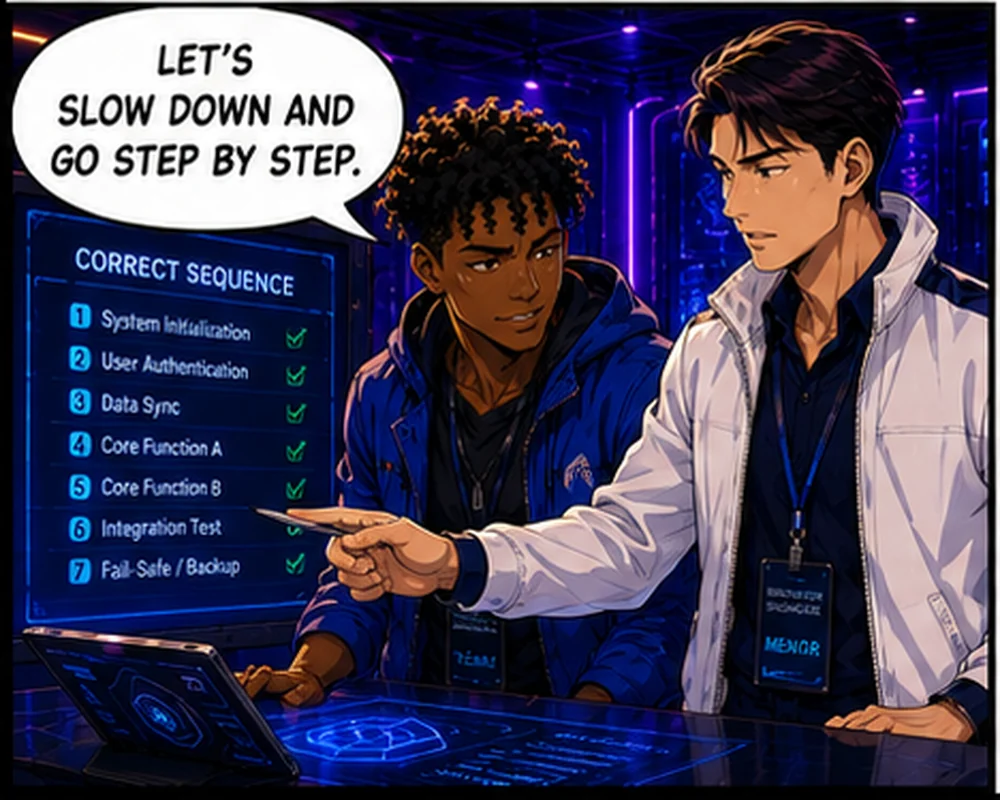 The mentor points to the correct sequence and says, “Let’s slow down and go step by step.”