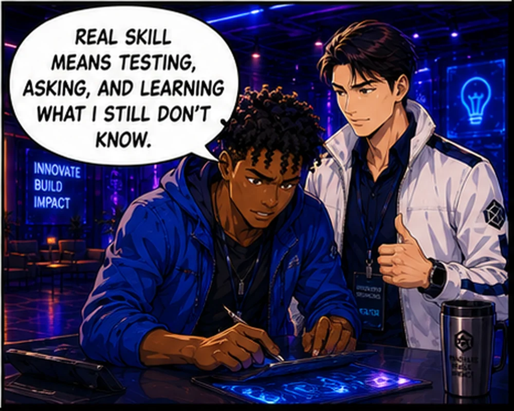 Working through the demo with his mentor, the student says, “Real skill means testing, asking, and learning what I still don’t know.”