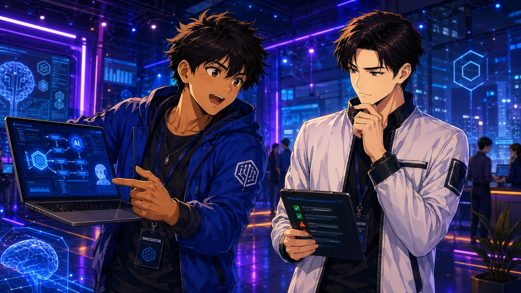 An excited young innovator presents an AI workflow on a laptop in a neon tech lab while a more experienced mentor studies a checklist with a skeptical expression.