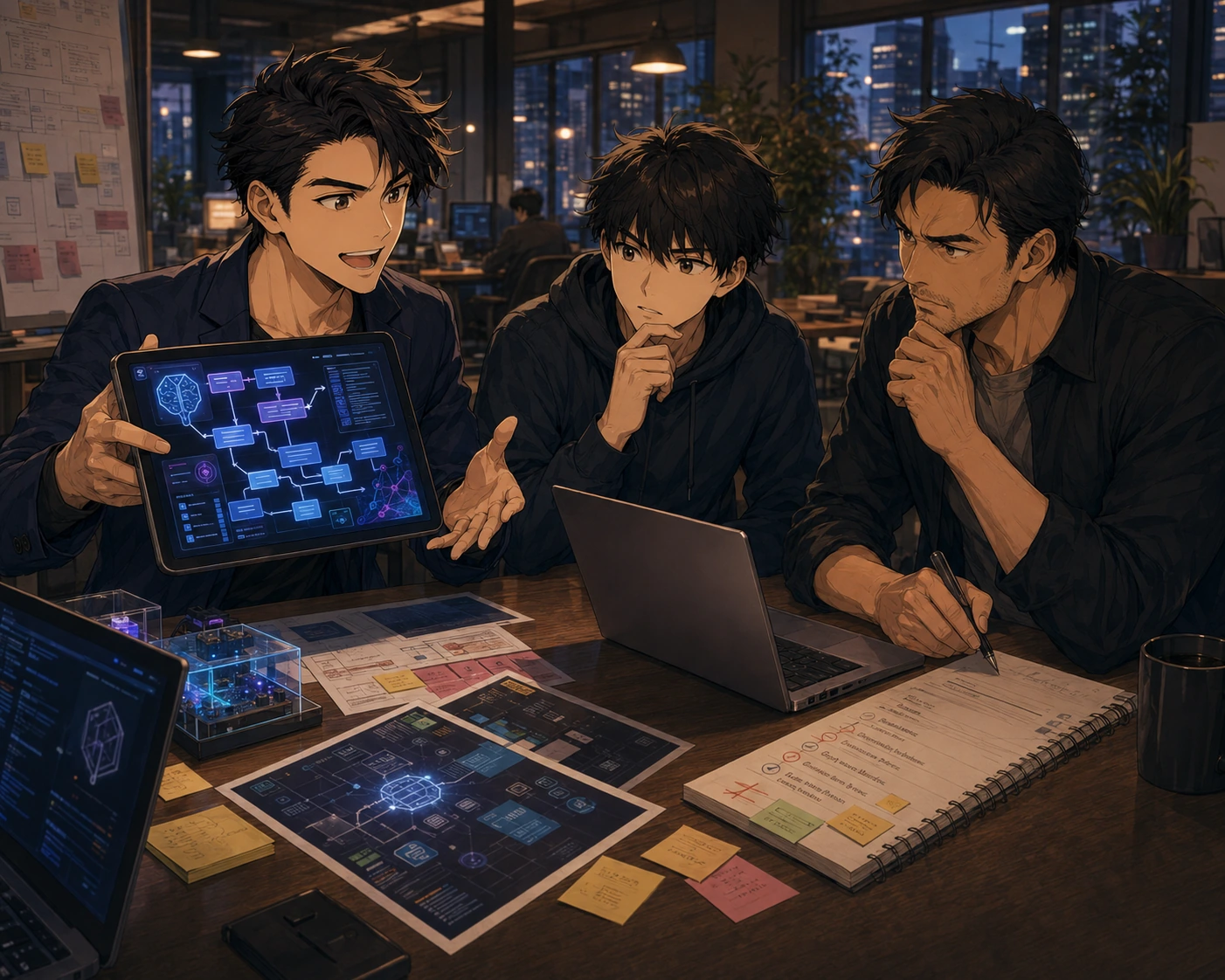 A confident consultant shows a glowing AI-generated architecture diagram on a tablet while a founder and an experienced engineer study notes and look more cautious in a modern evening workspace.