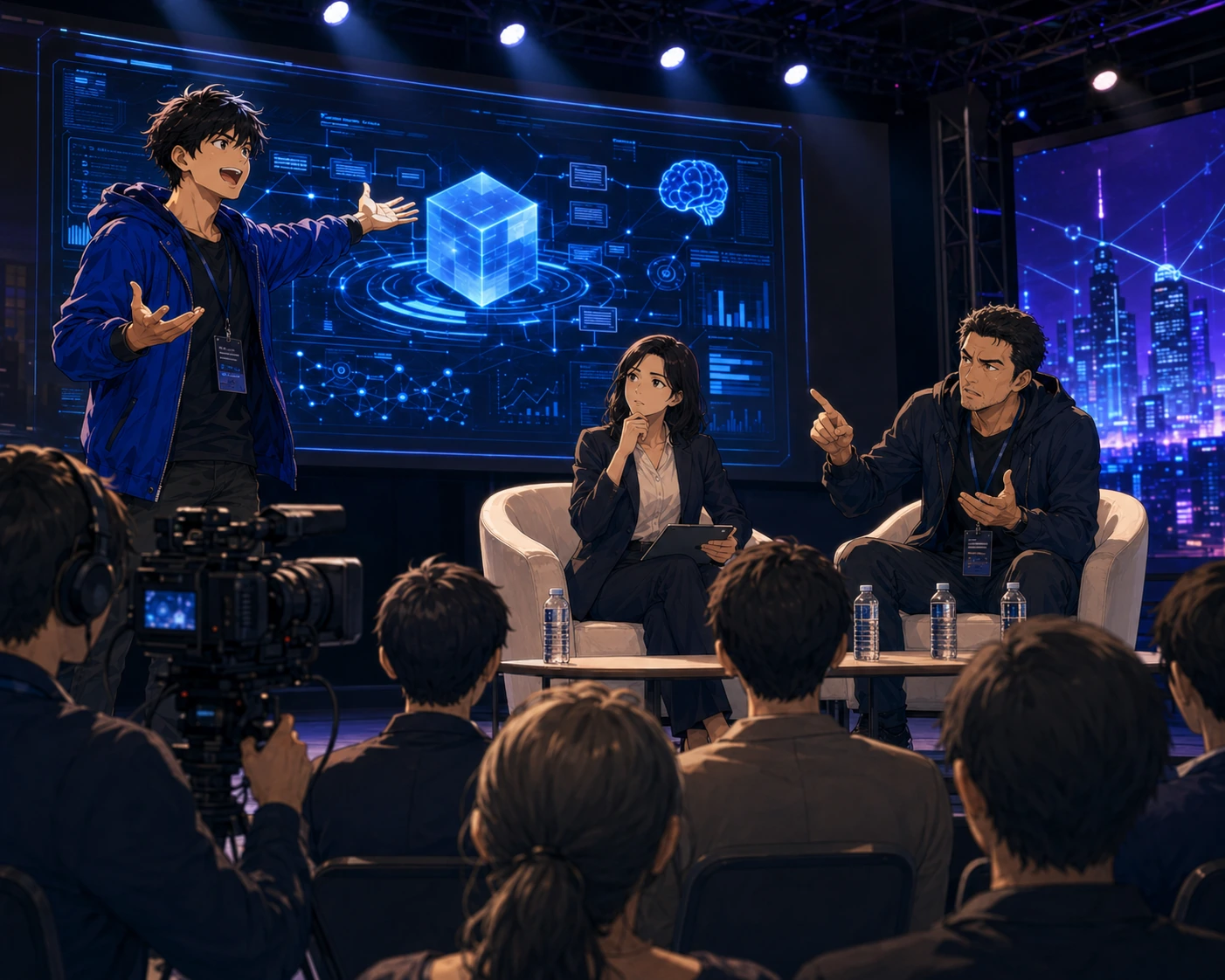 A confident speaker on a conference stage gestures toward a futuristic AI screen while a moderator and skeptical panelist push back in front of an audience.