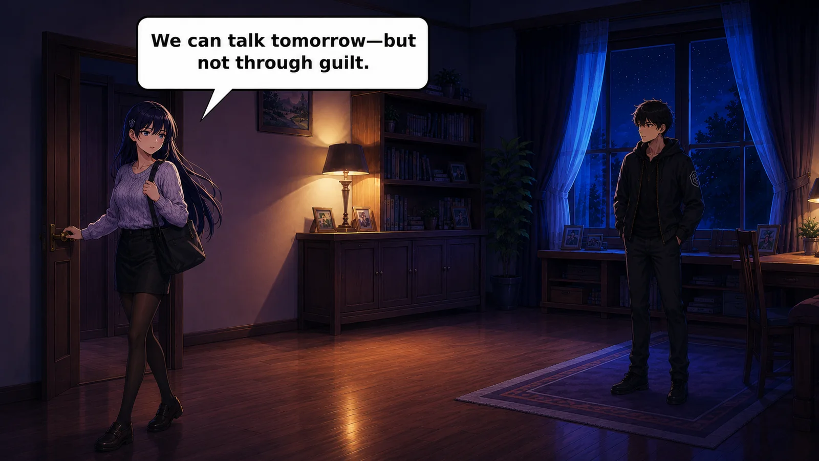 The woman leaves and says, “We can talk tomorrow—but not through guilt.”