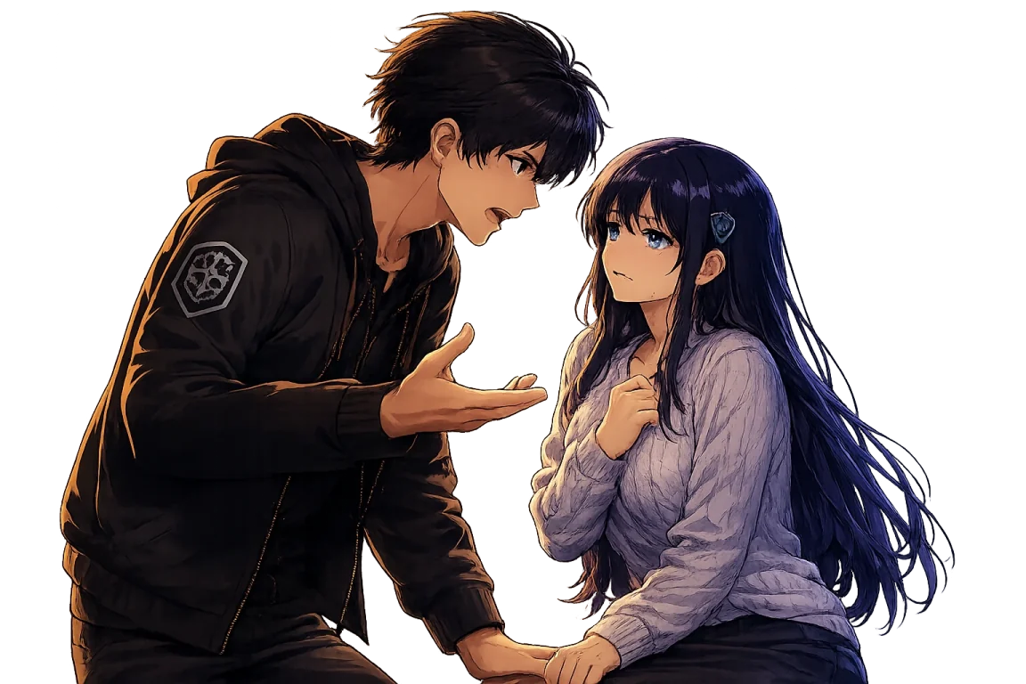 A man pressures a worried woman during an emotional confrontation
