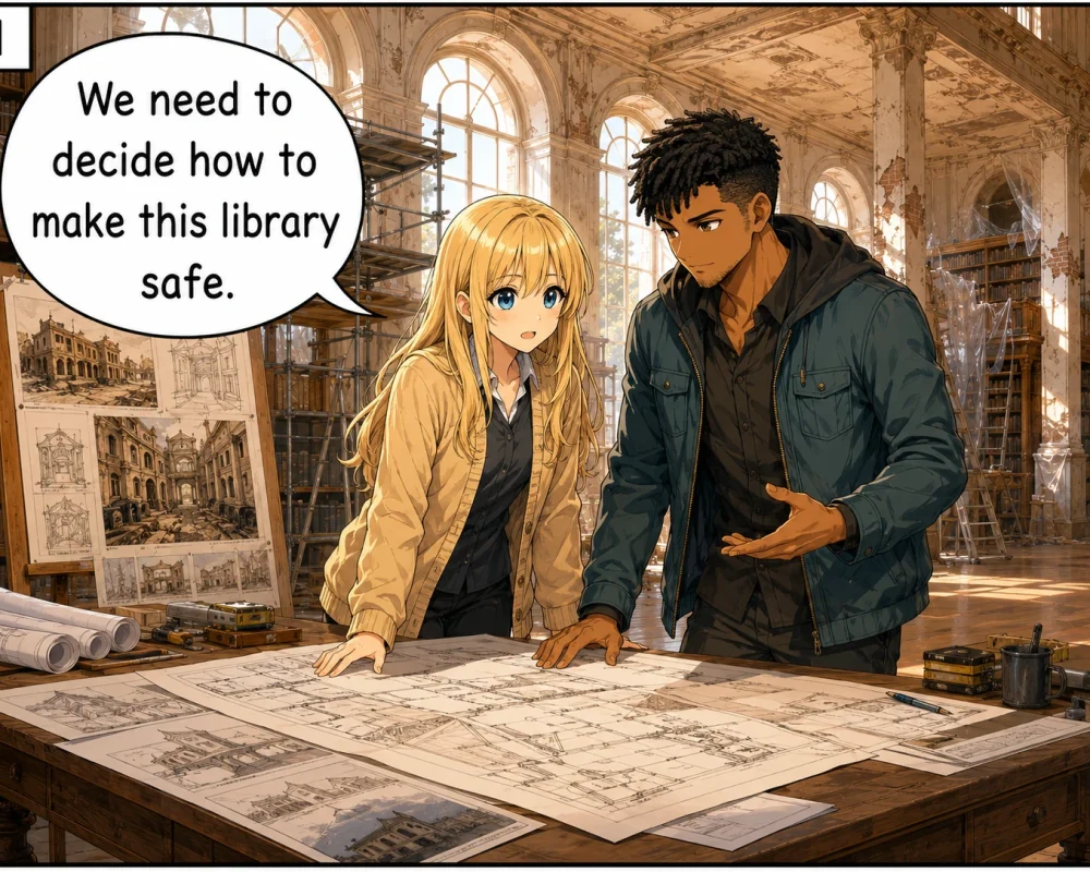 Two planners begin deciding how to make a historic library safe.