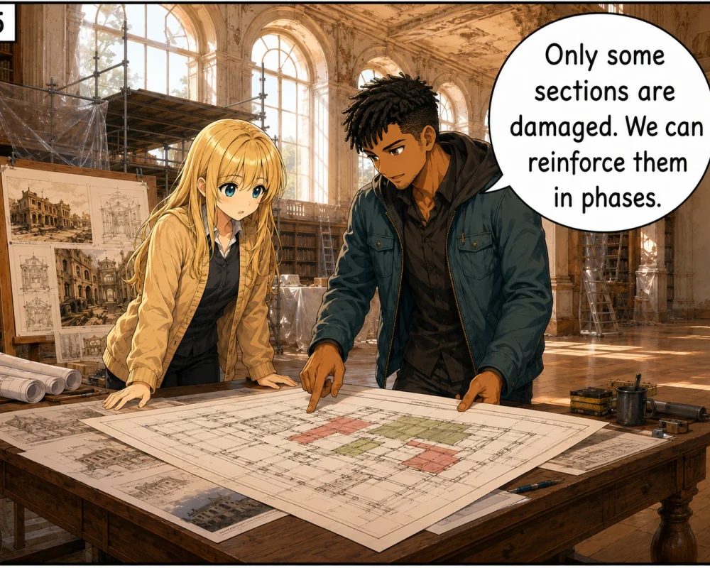 The other planner shows that only some sections are damaged and can be reinforced in phases.