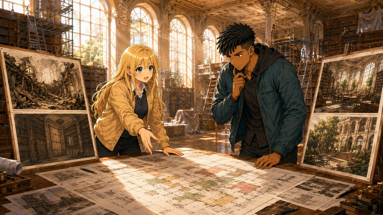 A blonde planner and her colleague study a large restoration plan in a sunlit historic library while weighing repair options.