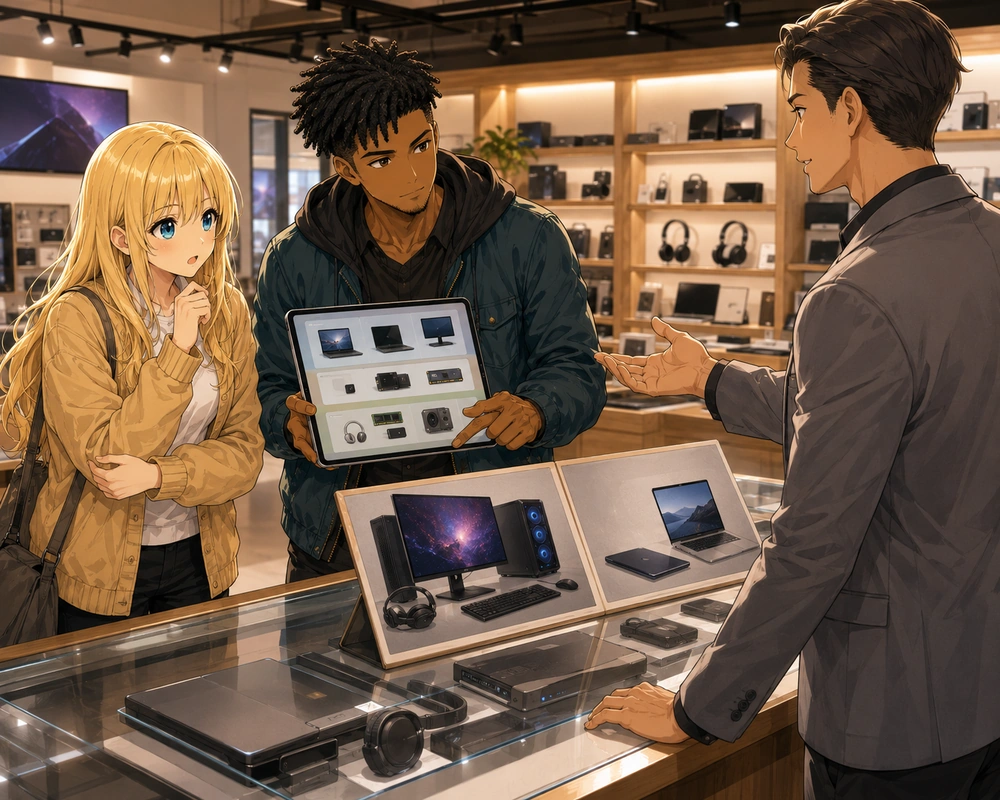 Two shoppers compare electronics options with a store associate across a showroom counter.