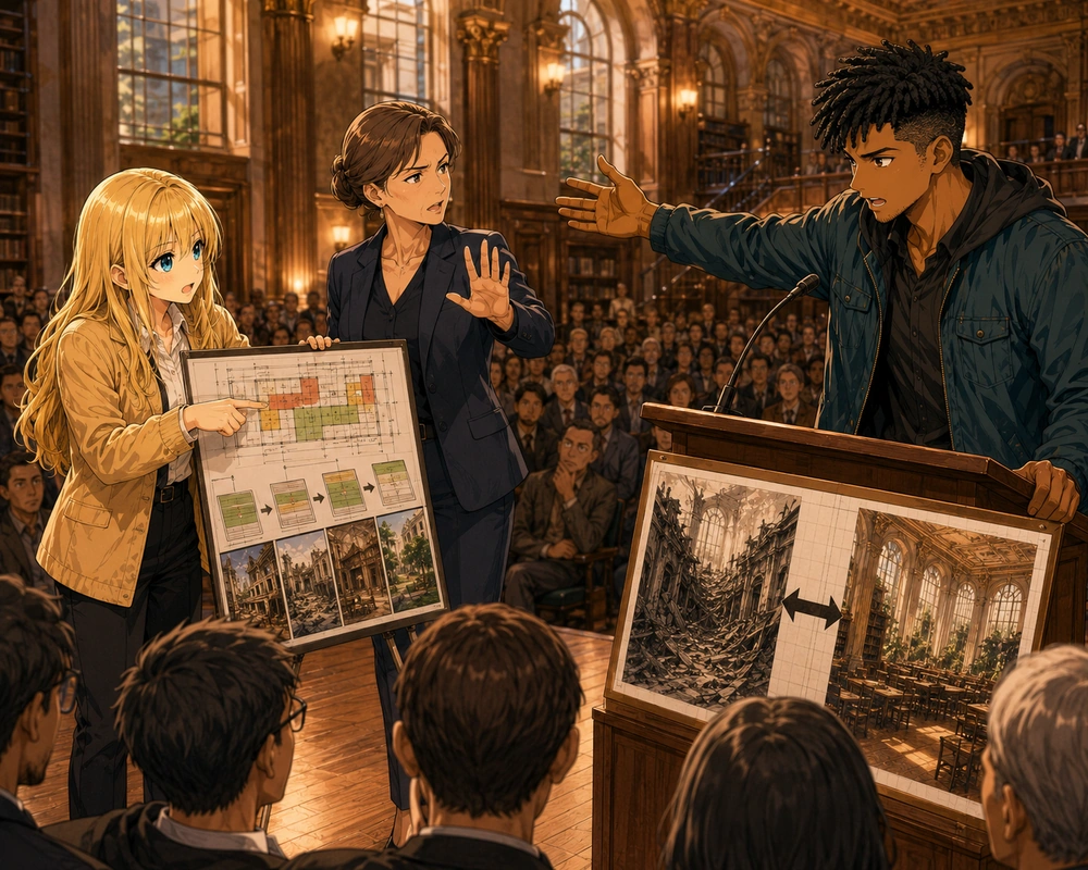 A community speaker gestures from a lectern while a moderator and a presenter stand beside phased-preservation boards in a grand hall.