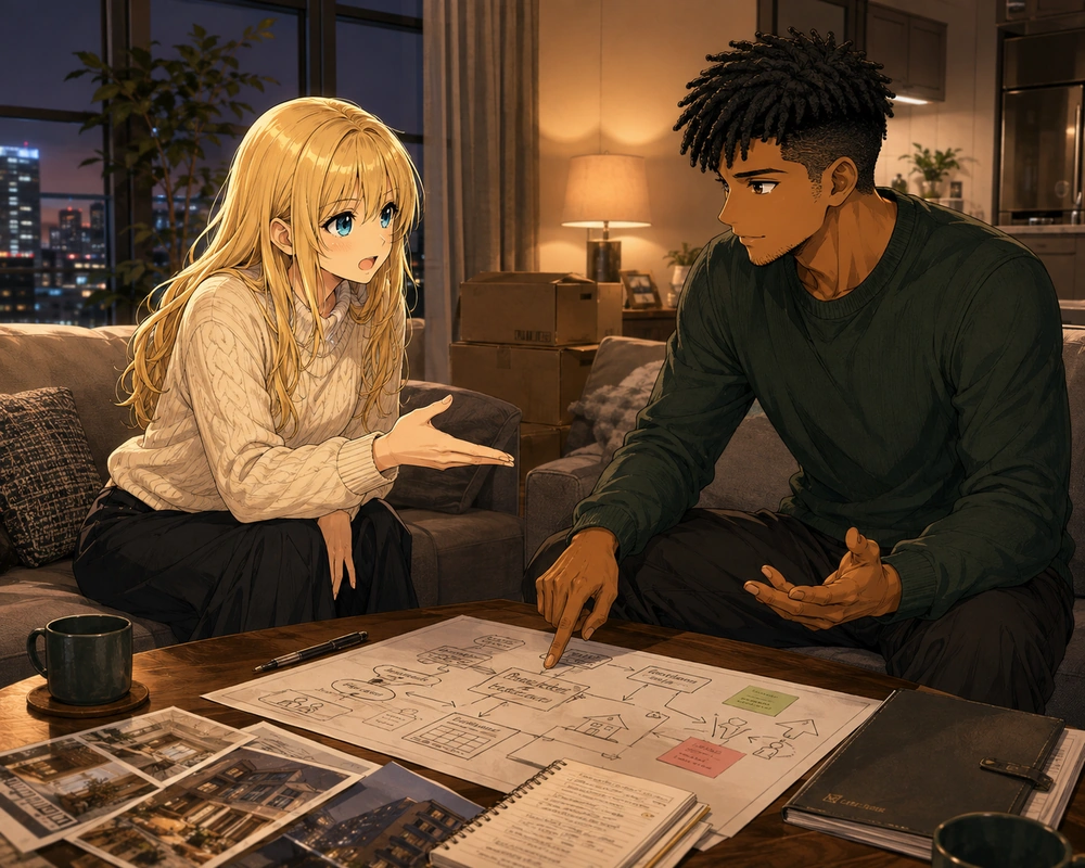 A couple sit in a living room at night discussing a housing plan spread across a coffee table.