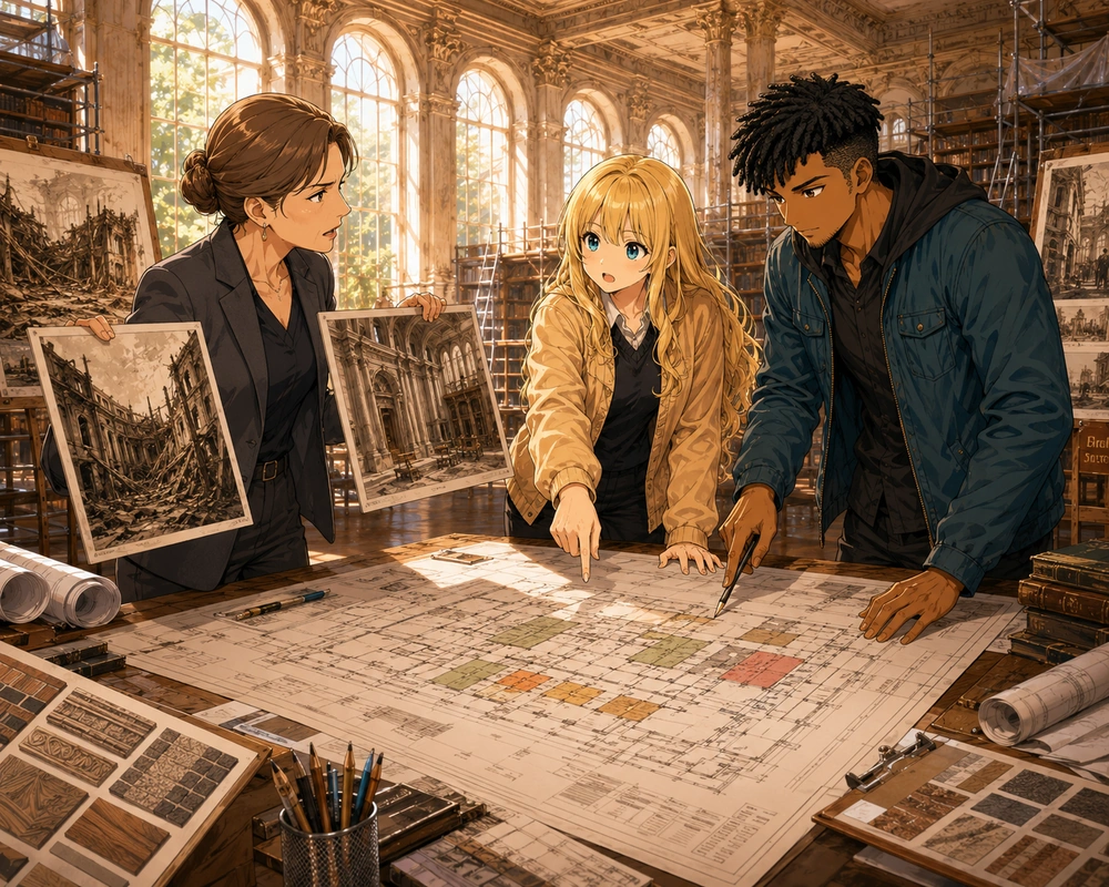 Two younger planners and a senior colleague review damage photos and a large restoration blueprint inside a historic library.