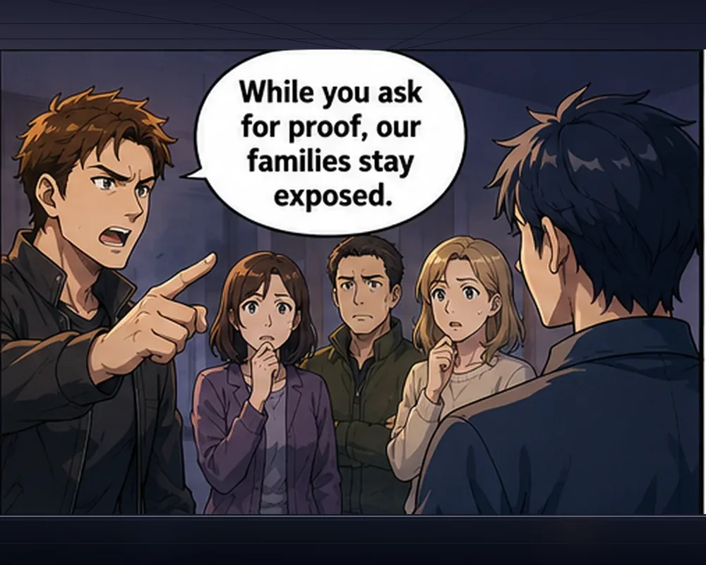 The group watches alarming claims while fear is used to make careful questions seem unsafe.