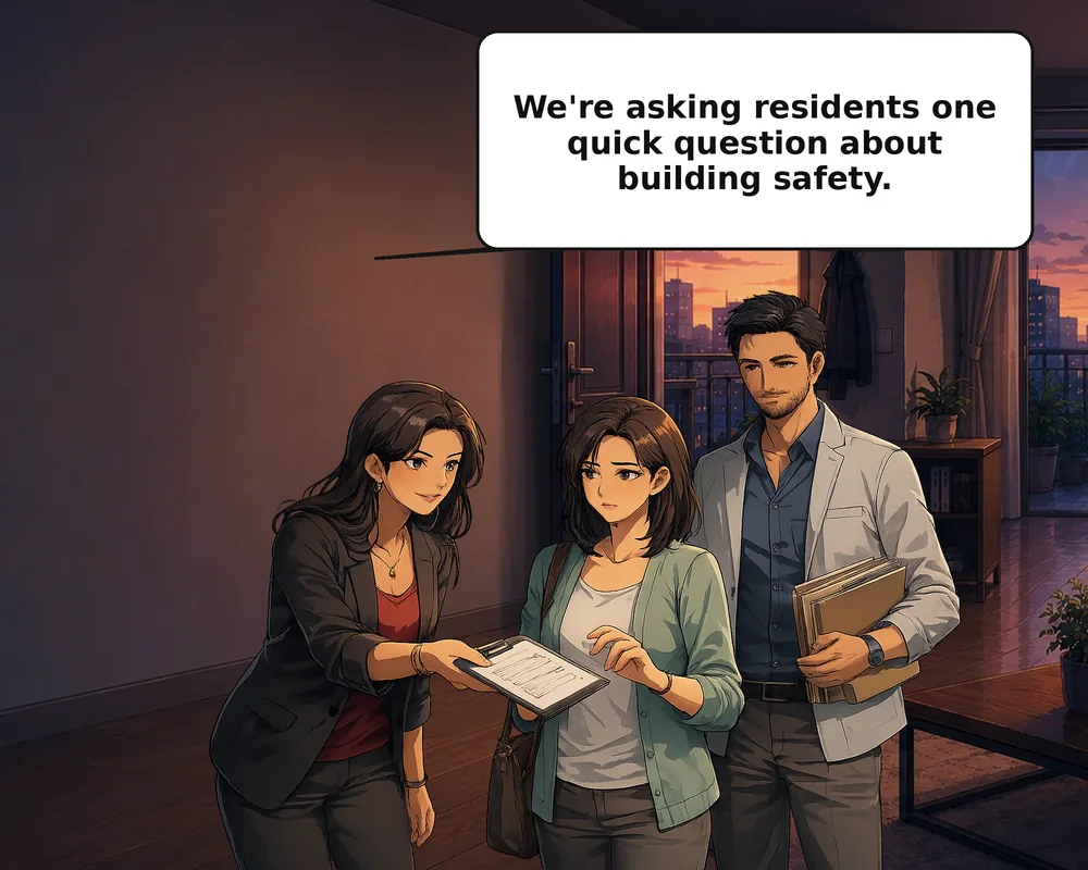 Two representatives ask a woman, “We’re asking residents one quick question about building safety.”