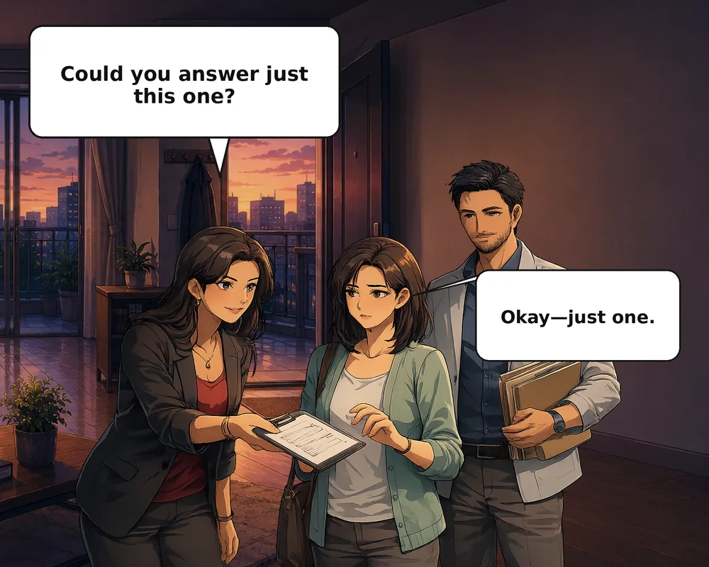 The woman agrees to the small survey while the representatives prepare a further request.