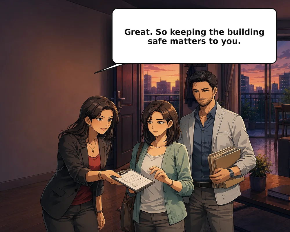 After the survey, the representatives ask the woman to take a slightly larger step for the campaign.
